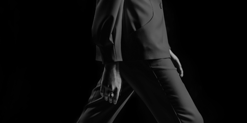 Runway model wearing luxury jackets and suits crafted in Japan with exceptional quality